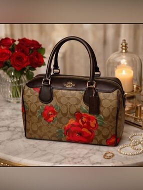 Coach Brown Signature Satchel with Red Floral Print